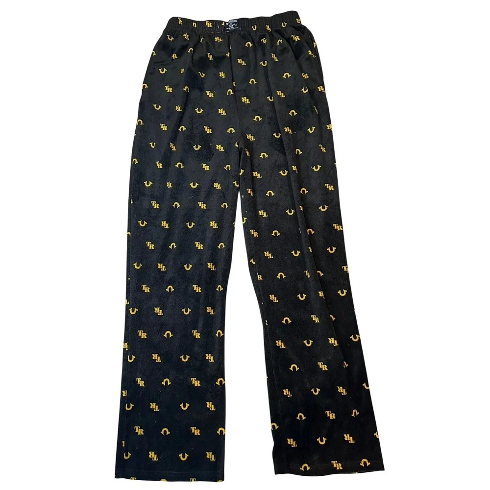 True‎ Religion Mens Fleece Lounge Pajama Pants Black Yellow Monogram Logo Large